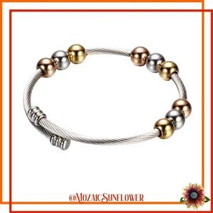 316L Stainless Steel Rose & Yellow Gold Silver Color Beads Torque Cuff Bangle